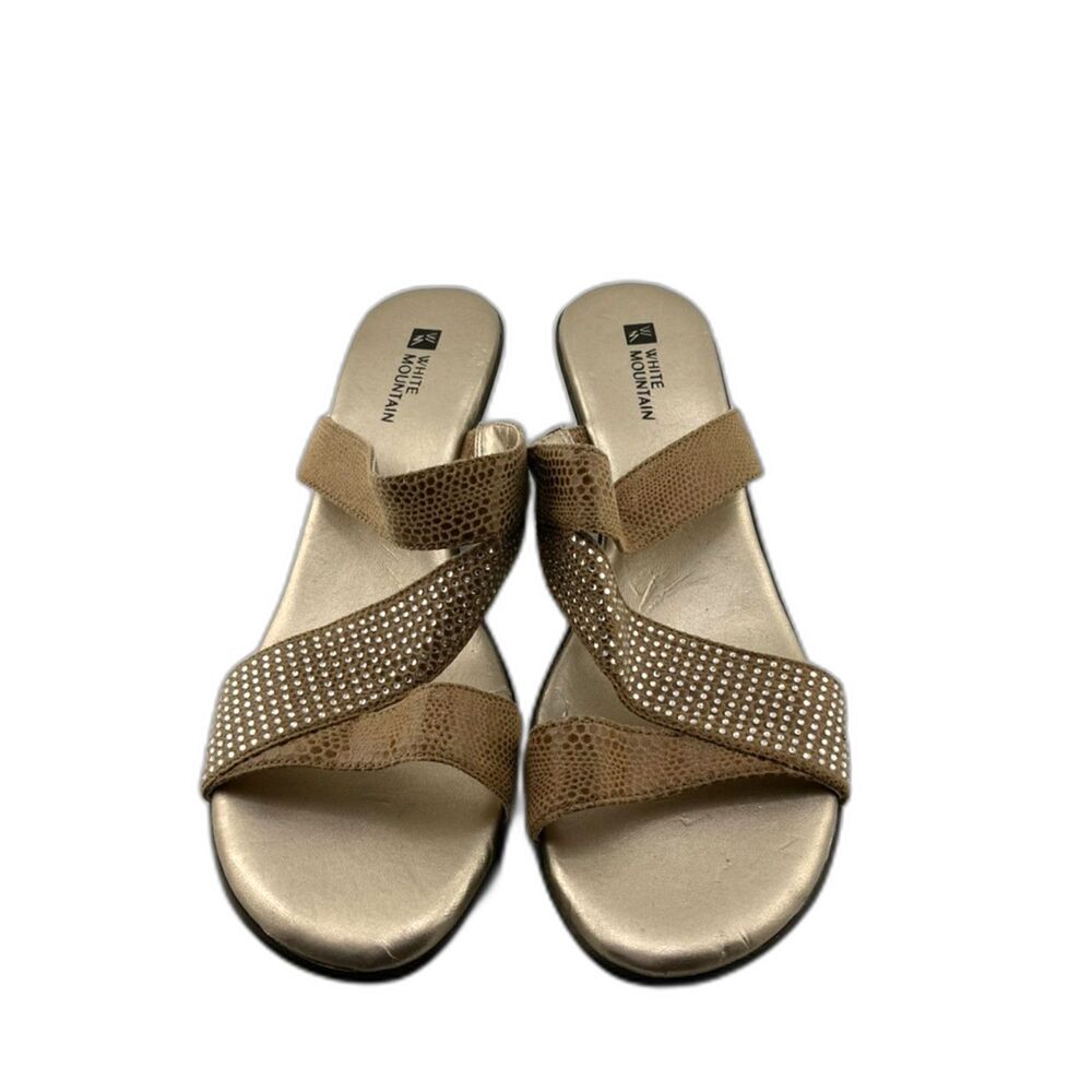 White Mountain Rhinestone Wedge Sandals Women's Size 8 Beige Snakeskin Slides